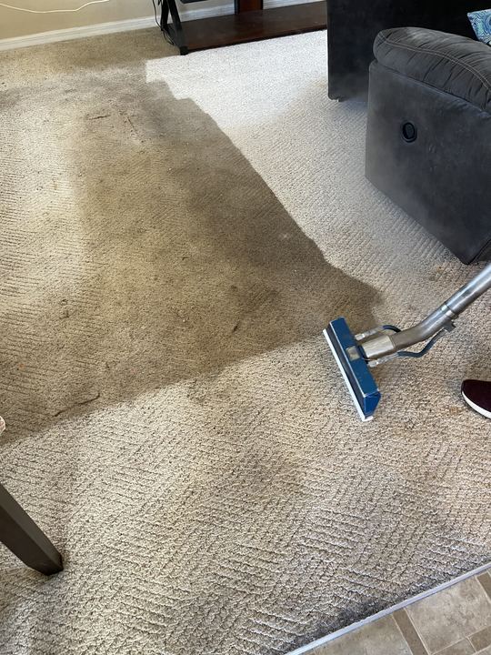 Carpet cleaning before and after: a heavily soiled area beside a
freshly cleaned strip