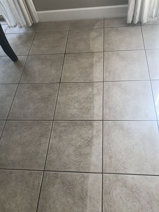 Tile floor in a dining area, cleaned tiles bright beside dirty tiles and
dark grout